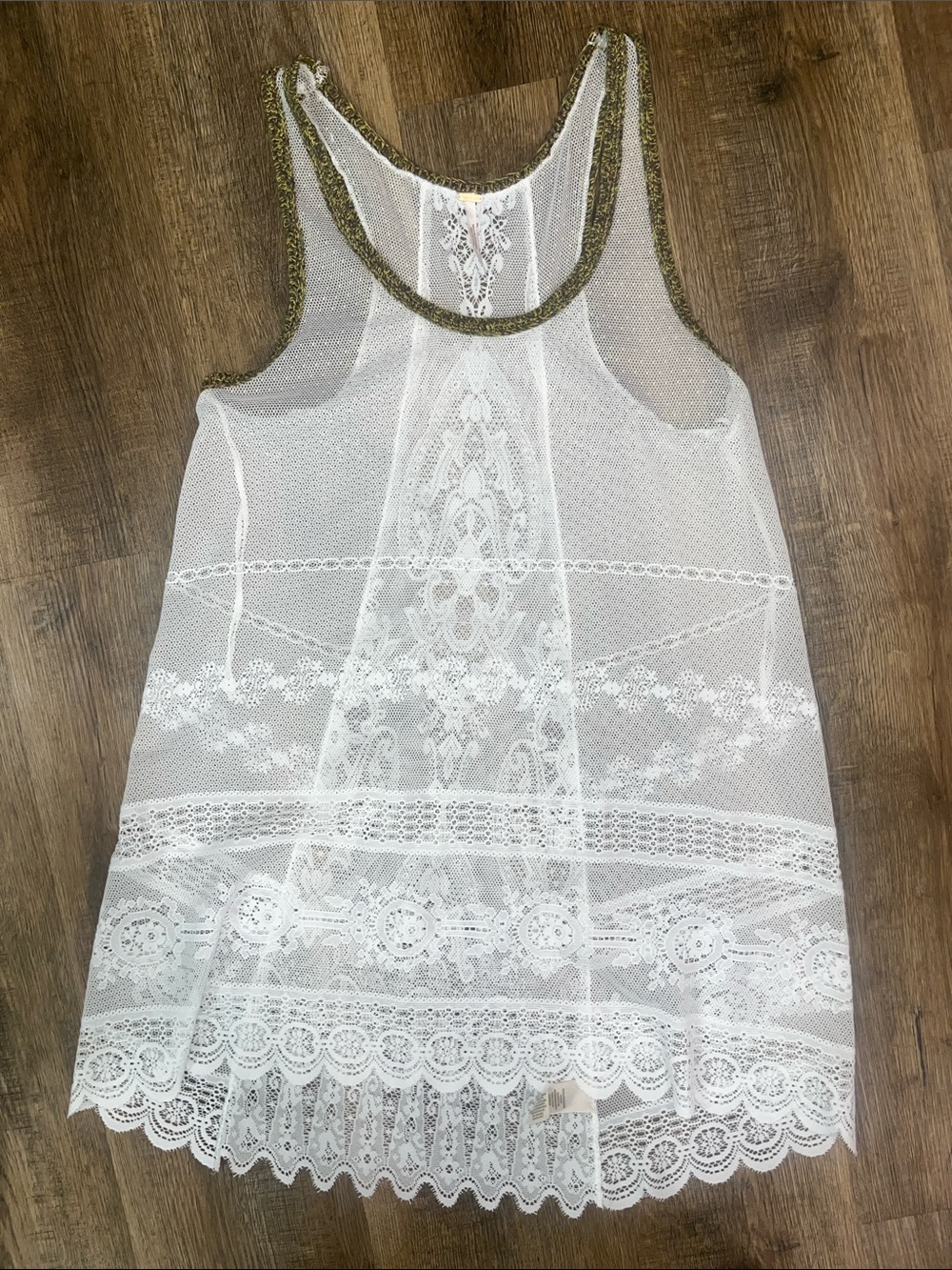 Free People White Crochet Lace Tank with Olive Trim